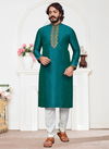 Teal Blue Exclusive Festive Wear Art Silk Embroidery Work Kurta Pajama Mens Collection 38011